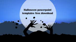 Halloween slide design with a dark silhouette emerging, hands reaching up, scattered debris, and a full moon backdrop.