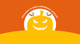 Halloween themed slide with a large grinning jack-o'-lantern emerging from a yellow hill against an orange background.