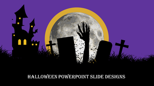Haunted slide design with gravestones, a rising hand, a gothic castle, and a full moon casting a chilling glow.