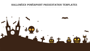 Minimalist Halloween design with a gothic church, eerie pumpkins, gravestones, a cat, and bats in a brown silhouette style.