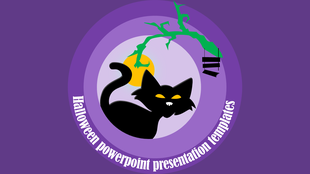 Halloween template with a black cat illustration against a moonlit background on a purple theme.