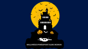 Halloween themed castle with glowing jack-o'-lanterns, bats, and a full moon, set on a dark hill with eerie details. 