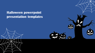 Halloween themed slide with a haunted tree, glowing jack-o'-lanterns, hanging pumpkins, and spiderwebs on a blue background.
