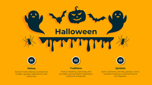 Halloween infographic with ghosts, bats, a jack-o'-lantern, design, and sections labeled history, traditions, and symbols. 