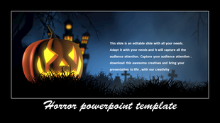 Halloween slide with a glowing jack-o'-lantern, haunted house, graveyard, and eerie fog, with editable text on the right. 