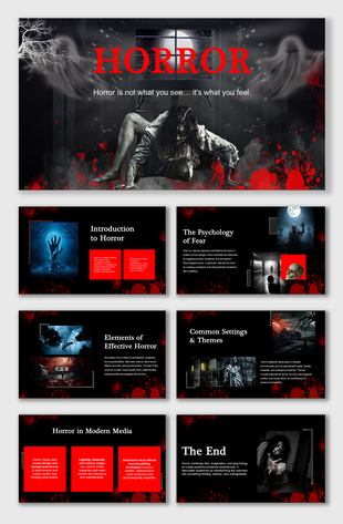 Horror PowerPoint template covering genre intro, fear psychology, themes, media elements, and storytelling impact. 