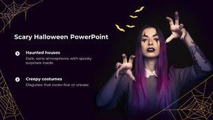 Halloween-themed slide with a woman in eerie makeup and purple hair, surrounded by bats and spiderwebs.