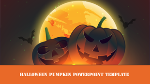 Halloween PowerPoint template featuring glowing jack o lanterns, a full moon, and bats flying in a spooky night sky.