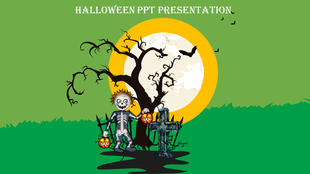 Dark Halloween with a skeleton figure, haunted tree, glowing pumpkins, a gravestone, and bats flying past a full moon.