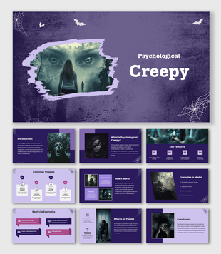 Creepy PowerPoint Templates with horror eyes image, purple grunge shapes, bats and dark slide layout.