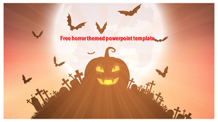 Slide with Halloween imagery, including a glowing pumpkin, grave markers, and bats flying under a full moon.