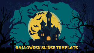 Spooky Halloween scene with a haunted castle on a hill, full moon, bats, graveyard, and twisted tree silhouettes. 