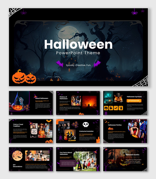 Halloween Themed PowerPoint dark slides with pumpkins, bats, moon, text boxes, icons, spooky shapes.