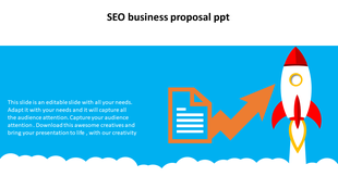 SEO slide featuring a red rocket, and an orange upward arrow, along with a document icon, on a blue and white backdrop.