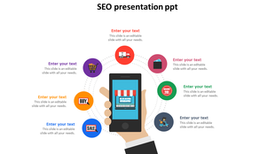 SEO PowerPoint slide featuring an online shopping infographic with a mobile device and seven surrounding e commerce icons.