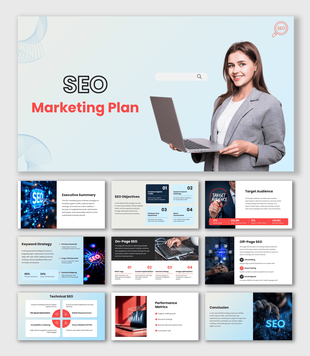 SEO marketing plan PowerPoint slide with a rocket launch, digital analytics, and mobile interaction elements.
