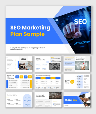 SEO marketing plan slides with blue-yellow theme, charts, icons, keyword strategy, audit layout and SEO optimization visuals.