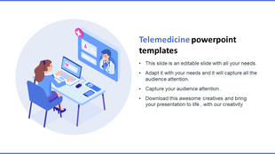 Telemedicine concept showing a woman at a desk consulting a doctor, with a circular background and medical elements.
