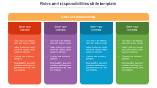 Roles and responsibilities layout slide, offering four colored sections with text area.