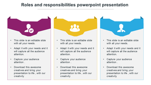 Roles and responsibilities slide with three panels in purple, yellow, and blue, each featuring icons and text.