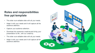 Illustration of a team meeting around a table with laptops and charts, on a green background and text on the left.