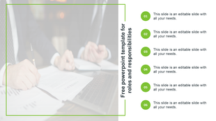 Green themed design featuring six numbered sections and a blurred background of professionals writing on documents.