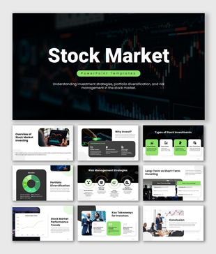 Stock market slides with dark charts, green accents, slides on investing, risk, portfolio, graphs, and clean layouts.