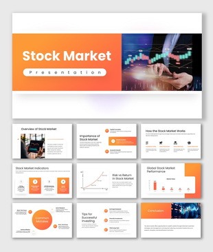 Stock market PPT with orange theme, trading charts, risk graphs, bar data, icons, and clean text layouts for insights.