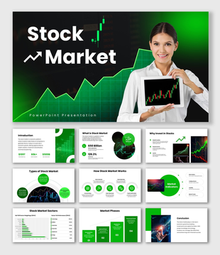 Stock Market green theme, rising chart, tablet visuals, clean text holders, modern shapes.