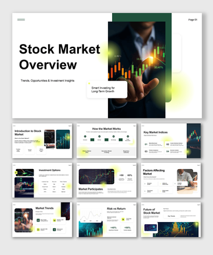 Stock Market PowerPoint presentation covering market basics, indices, invetment options, trends, risks, and future insights.