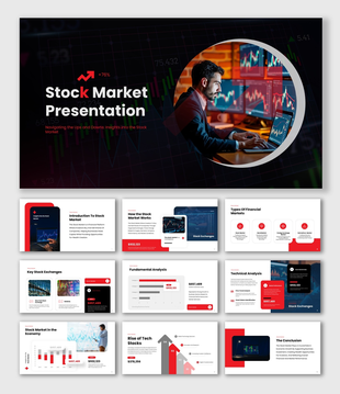 Stock Market PowerPoint Presentation with multicolor theme charts, trading graphs, icons, and modern financial slides.