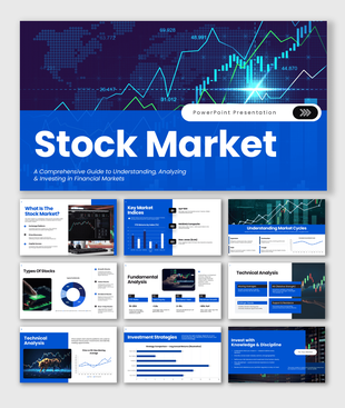 Stock Market PPT template featuring market basics, analysis methods, stock types, strategies, and investment insights.