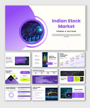 Indian Stock Market PowerPoint covering trends, sectors, market analysis, performance insights, and future outlook.