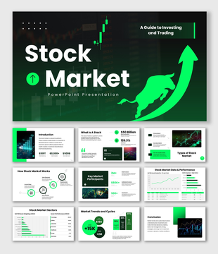 Stock Market green theme with bull arrow, growth charts, icons, clean text holders and modern layout.