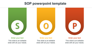 Slide with three circular icons for S, O, P in green, orange, and red, each within a hanging tag shape and text below.