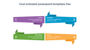 Animated PowerPoint template showcasing steps Goals, Planning, Investment, and Sales in colorful ribbon banners.