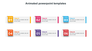 Six rectangular boxes in two rows, each labeled with a title and an option number with vibrant colors.