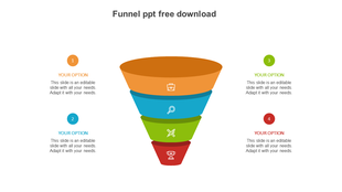 Colorful funnel diagram with four layers in orange, blue, green, and red, each with icons and numbered captions around it.