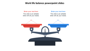 Balance scale graphic with red and blue trays, each linked to editable text boxes for work and life concepts.