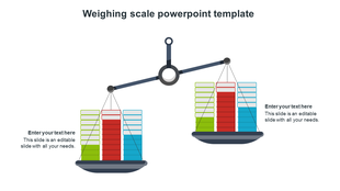A PowerPoint slide showing a weighing scale with colorful blocks on either side representing different data values.