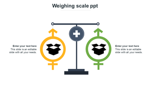 Weighing scale diagram with gender icons in yellow and green, centered on a plus sign, with open boxes as weight.