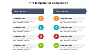 A two-column comparison template with hexagonal icons in orange, blue, red, and green next to placeholder text areas.