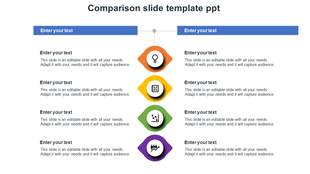 Comparison slide layout with space for text on either side and five colorful icons aligned in the middle.