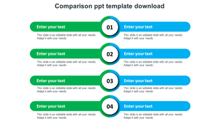 Comparison slide with four rows of green and blue text boxes, connected by numbered circular segments in the center.