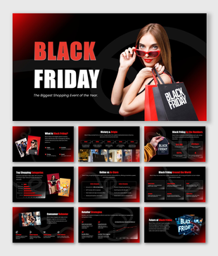 Black friday PPT with bold black red theme, shopping visuals, charts, and clean layouts for sales insights and strategy.