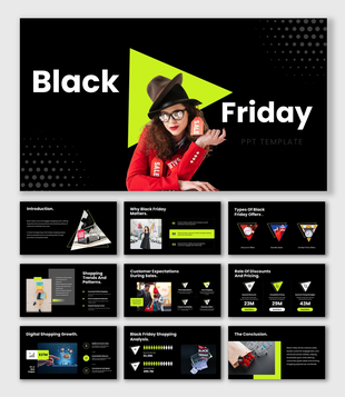 The best black friday presentation slides with woman in red, sale tags, neon triangle, and dark promo layout.
