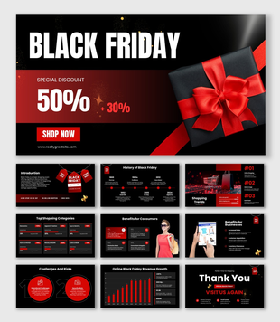Black friday slide featuring a white circular sale banner with a gift bow and offer tag, on a red patterned backdrop.