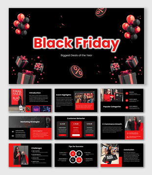 Black Friday PPT Template with black red theme, gift boxes, balloons, sale icons, and clean text layout design.