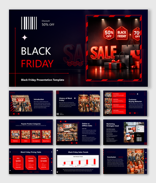 Black Friday presentation template with sale offers, discount tags, shopping trends, pricing plans, and strategy slides.