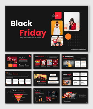 Black friday PPT with dark theme, red accents, shopping visuals, charts, and clean layouts for sales strategy insights
